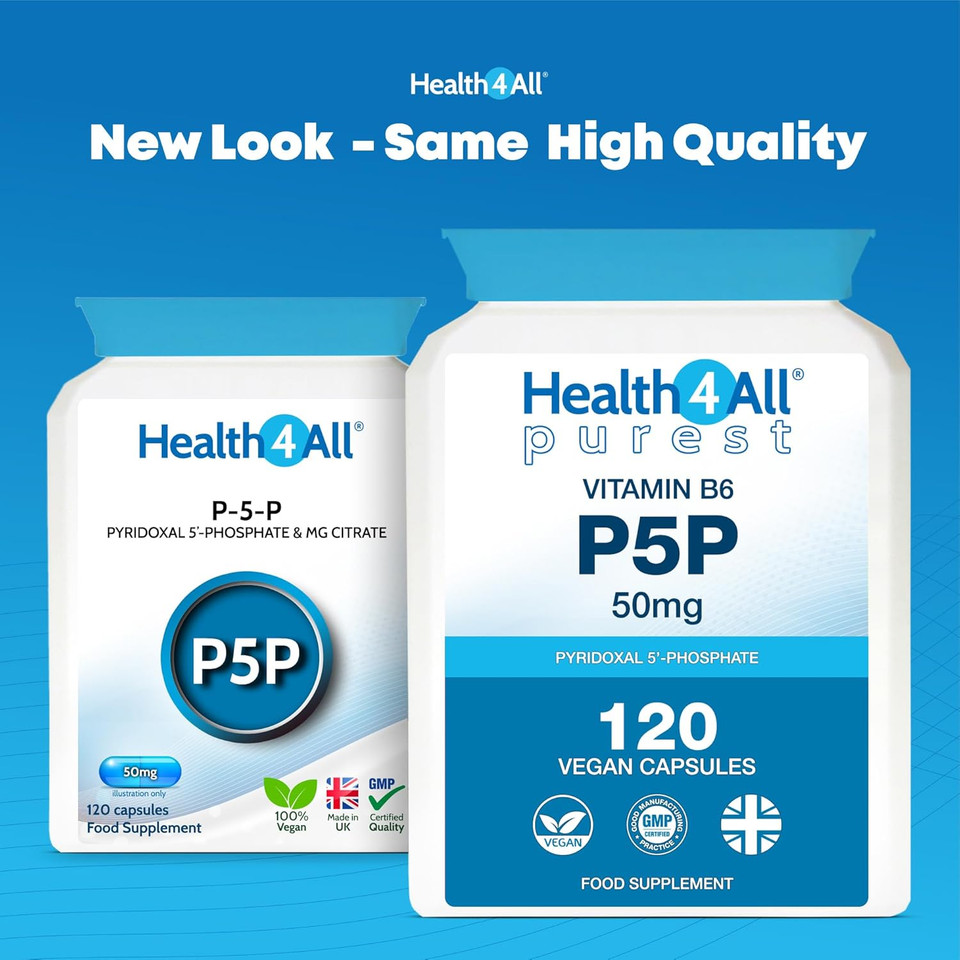 Health4All P5P 50mg 60 Capsules 2 Month Supply, Biologically Active Vitamin B6 P-5-P Pyridoxal 5'-Phosphate with Magnesium Citrate for Tiredness & Fatigue, Pure Vegan P5P Supplement | Made in UK
