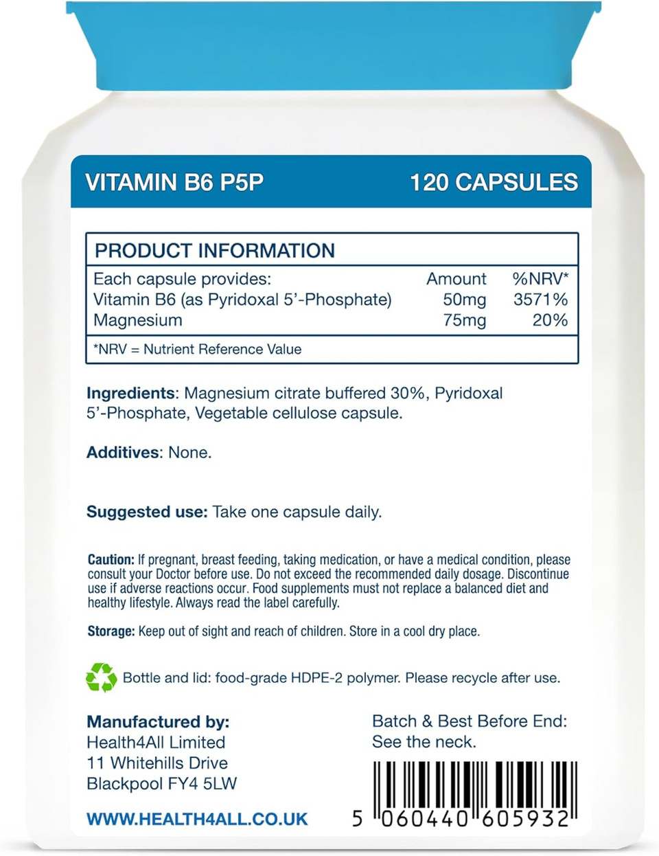 Health4All P5P 50mg 60 Capsules 2 Month Supply, Biologically Active Vitamin B6 P-5-P Pyridoxal 5'-Phosphate with Magnesium Citrate for Tiredness & Fatigue, Pure Vegan P5P Supplement | Made in UK