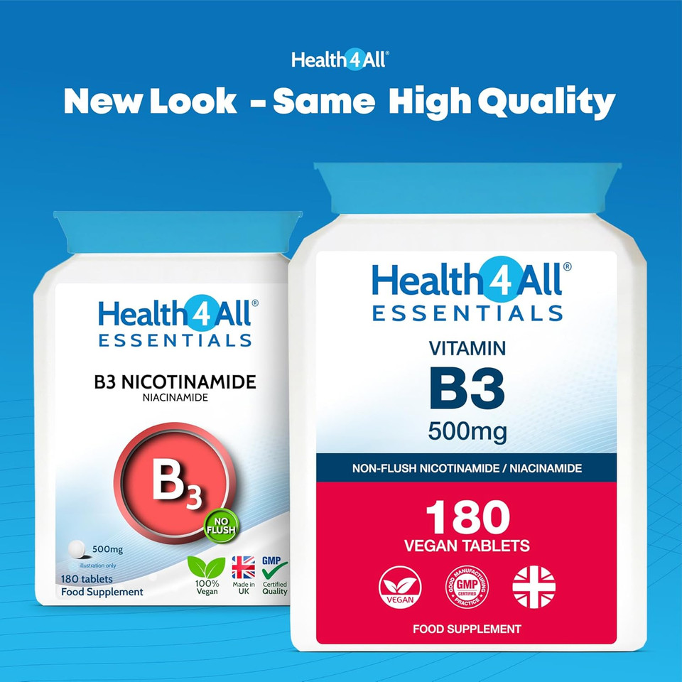Health4All Vitamin B3 Nicotinamide (Niacinamide) 500mg 180 Tablets (V) Vegan. No-Flush Niacinamide. Made in The UK