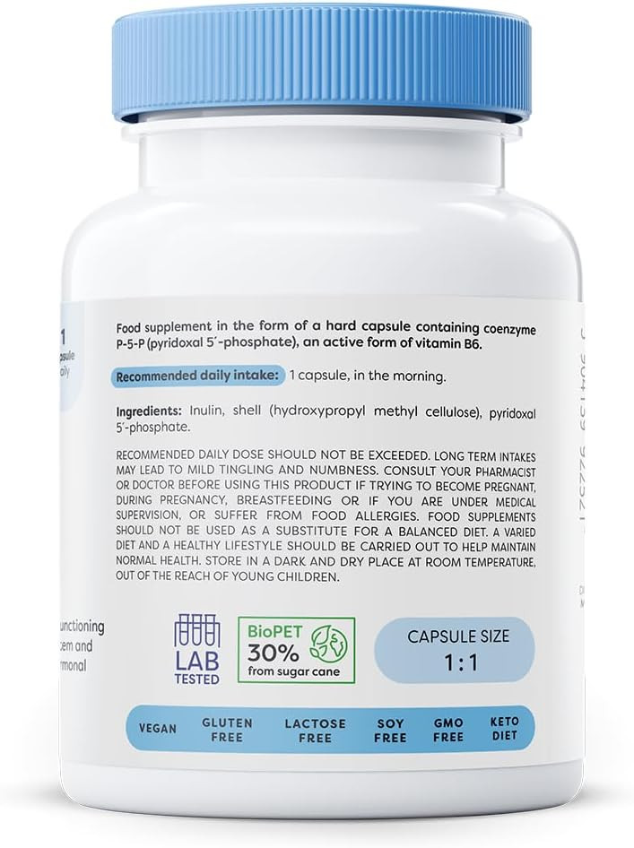 Osavi Vitamin B6 P5P 30mg  120 Vegan Capsules | Active Coenzymatic Form of Pyridoxal5Phosphate | High Potency 18 mg Vitamin B6 per Capsule | Clean Label, Vegan Friendly