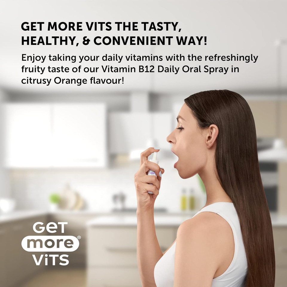 Get More Vits - Vitamin B12 Daily Oral Spray (30ml), 115 Servings per Bottle, Orange Flavour, Supports Energy Release, Reduce Tiredness & Fatigue, Supports Immune & Nervous System, Vegetarian, Vegan