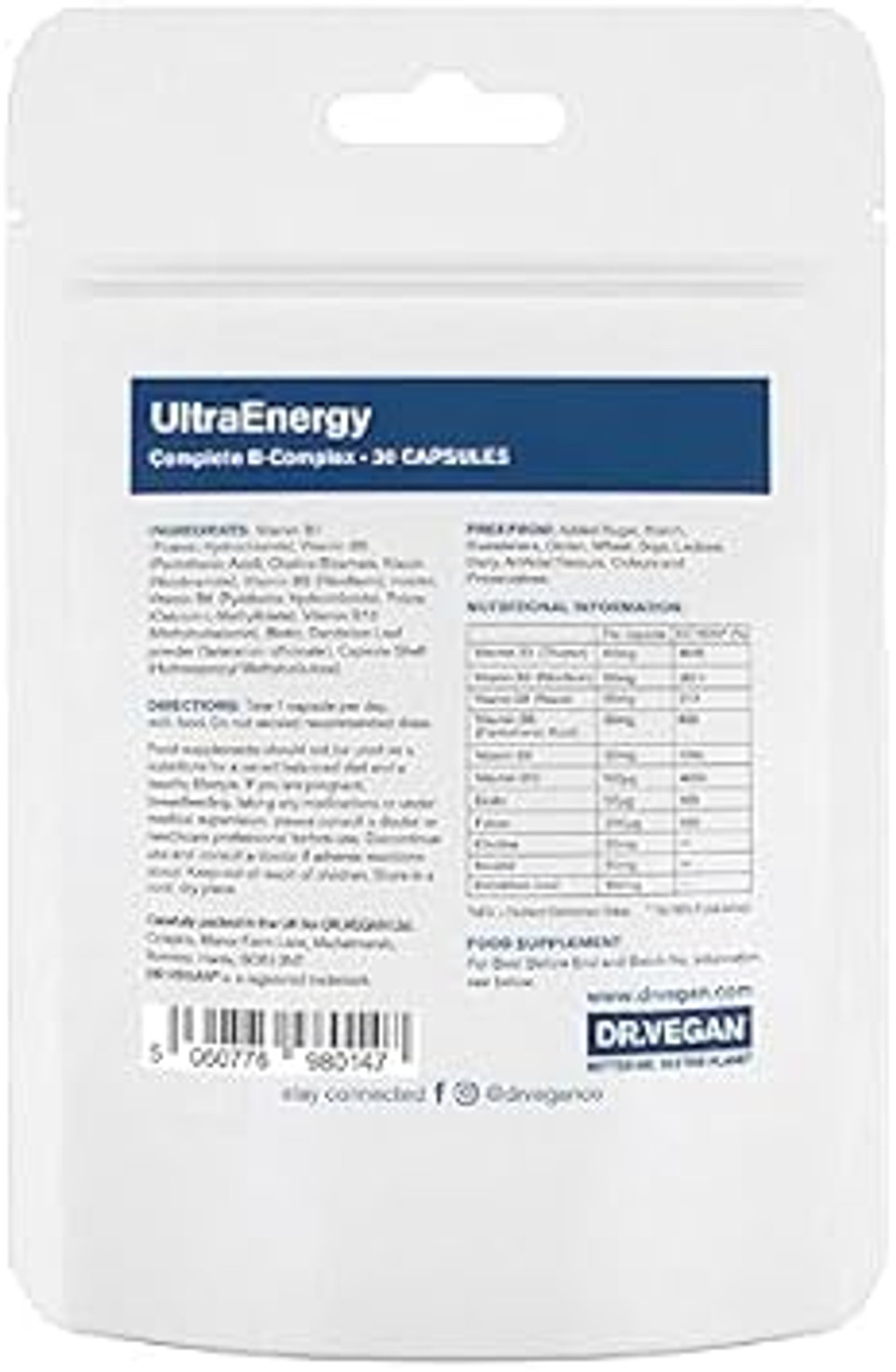 UltraEnergy | High Strength Vitamin B Complex | Includes Vitamin B12 (100ug), Choline (50mg), Biotin (50ug) and Folate (200ug) | 30 Vegan Capsules | One-A-Day | DR.VEGAN