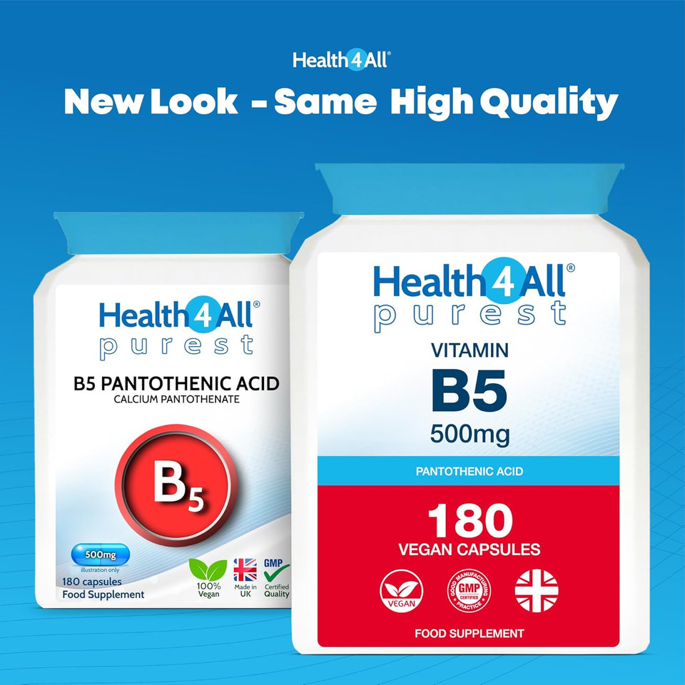 Vitamin B5 Pantothenic Acid 500mg 90 Capsules (V) (not Tablets) Purest: No Additives, Vegan. Made in The UK by Health4All