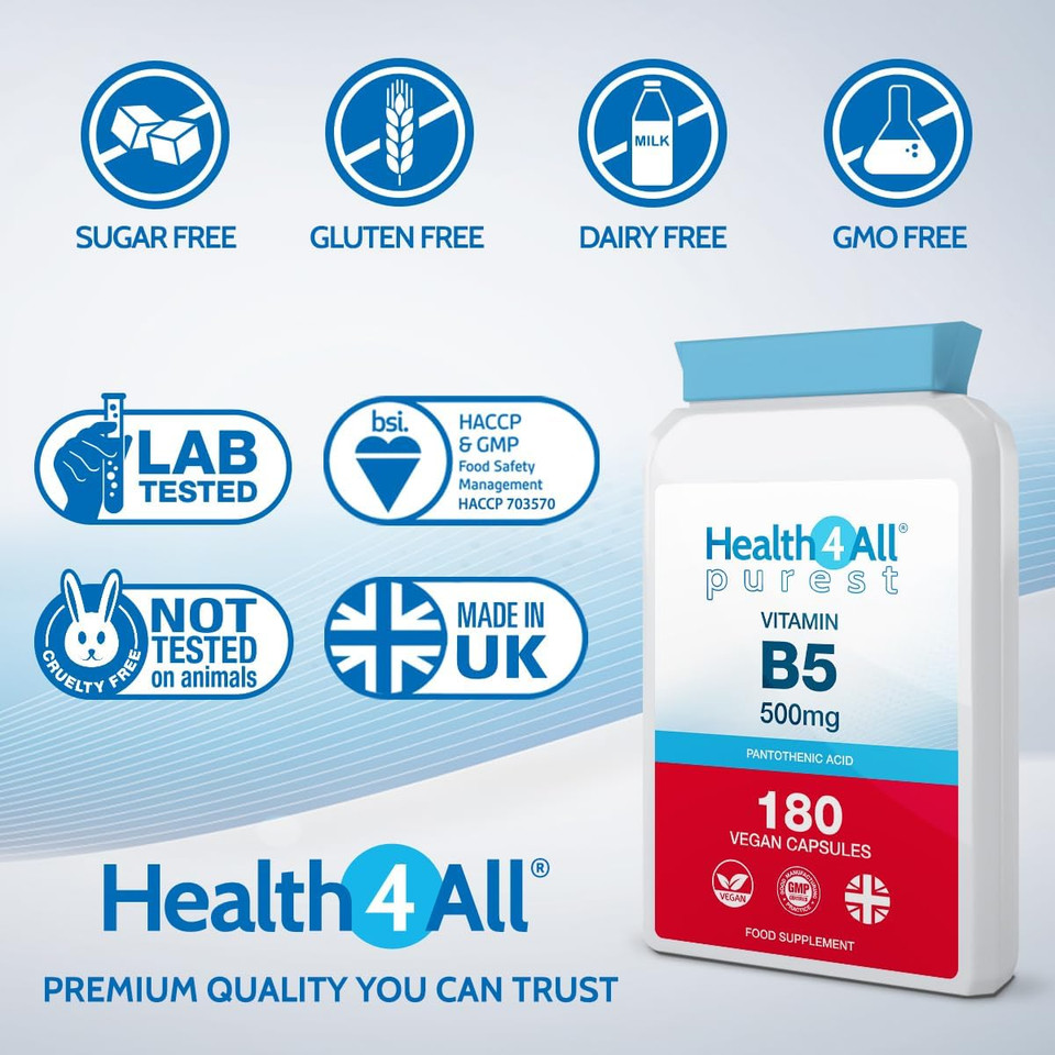 Vitamin B5 Pantothenic Acid 500mg 90 Capsules (V) (not Tablets) Purest: No Additives, Vegan. Made in The UK by Health4All