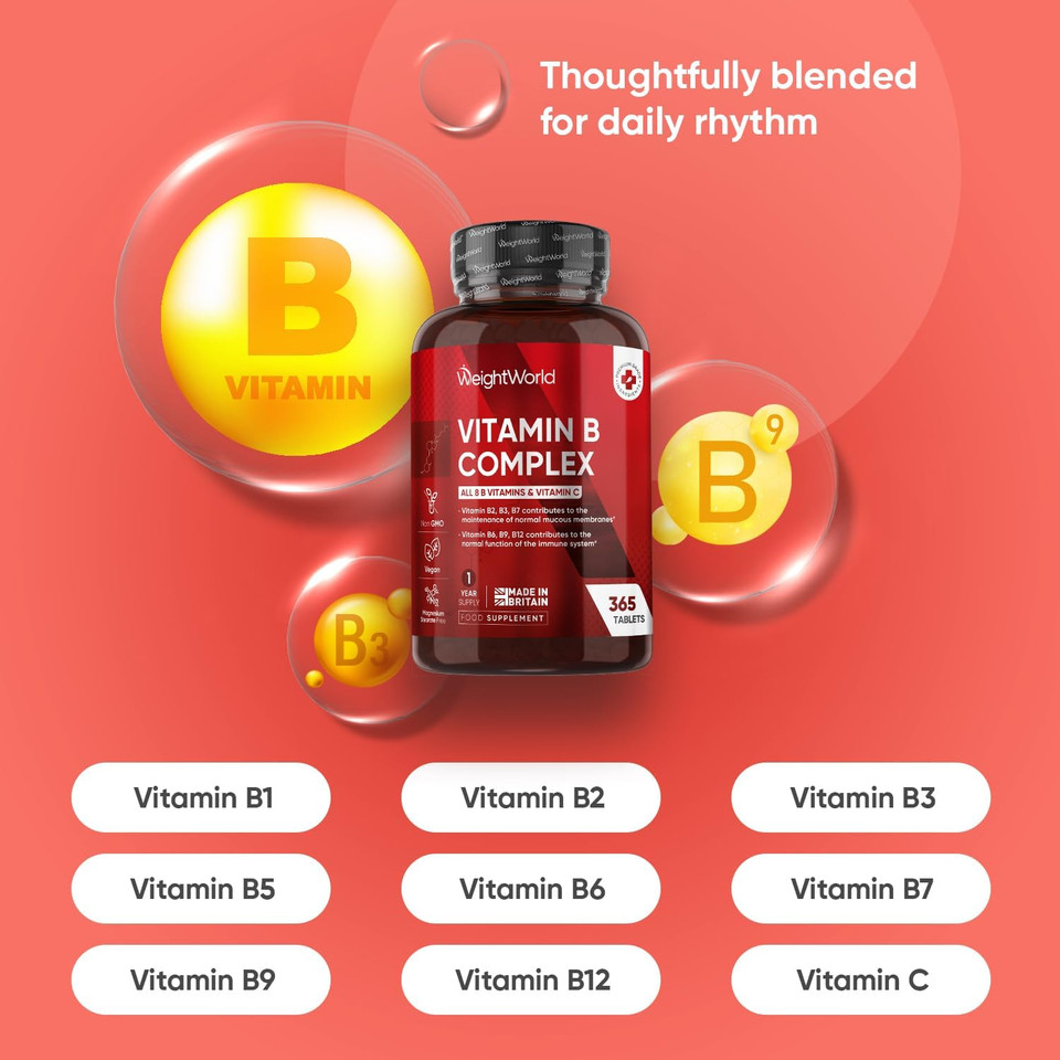Vitamin B Complex Supplement - 365 Tablets - 1 Year Supply - with All 8 B Vitamins & C - 1 Tablet-a-Day - Non-GMO, Gluten-Free & Vegan-Friendly - for Men & Women