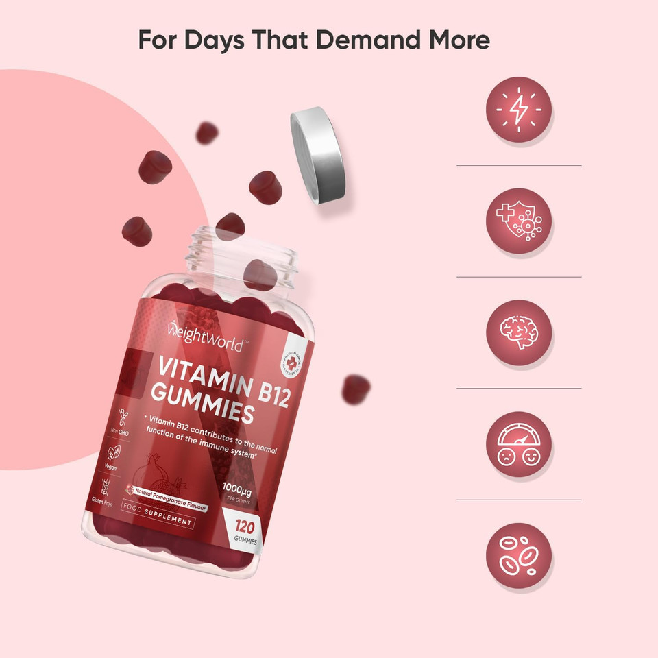 Vitamin B12 Gummies - 120 Gummies - 4 Months Supply - 1000mcg - 1 per Day - Vegan & Gluten-Free - Tasty, Natural Pomegranate Flavour - Bioavailable Methylcobalamin Form - B12 Vitamin Supplement