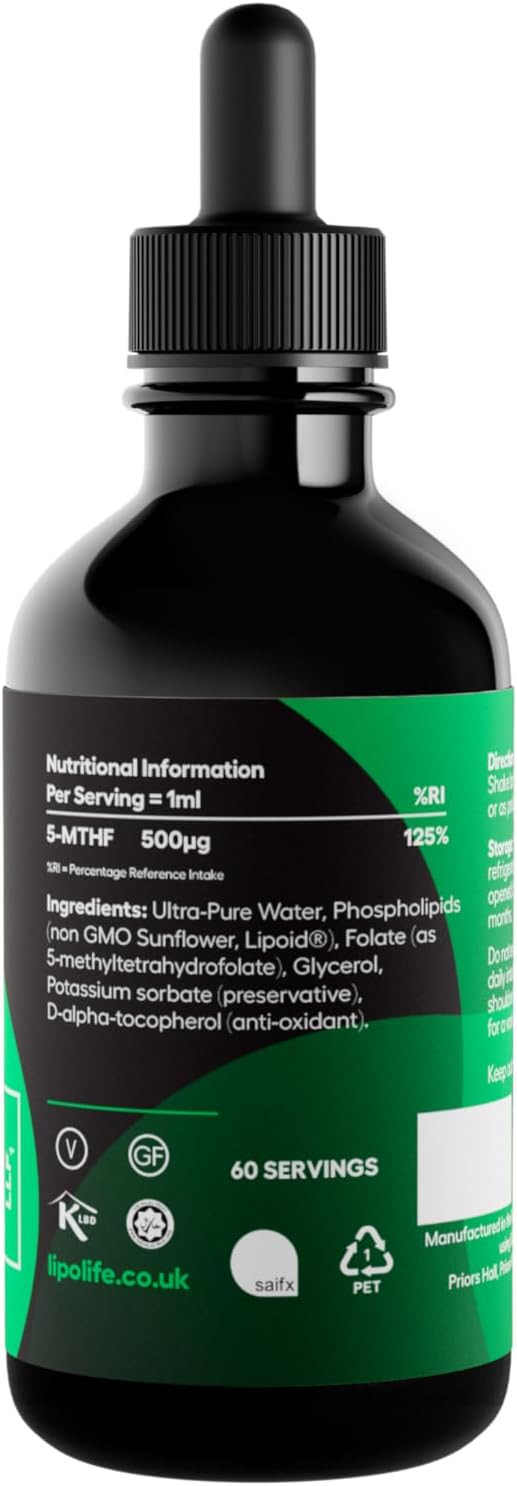Liposomal Liquid folate (as 5-MTHF, The Active Form of folic Acid.) Advanced Nutrient delivery System, Made in The UK by lipolife. 60ml = 60 Servings. 500mcg of folate per 1ml. LLF1