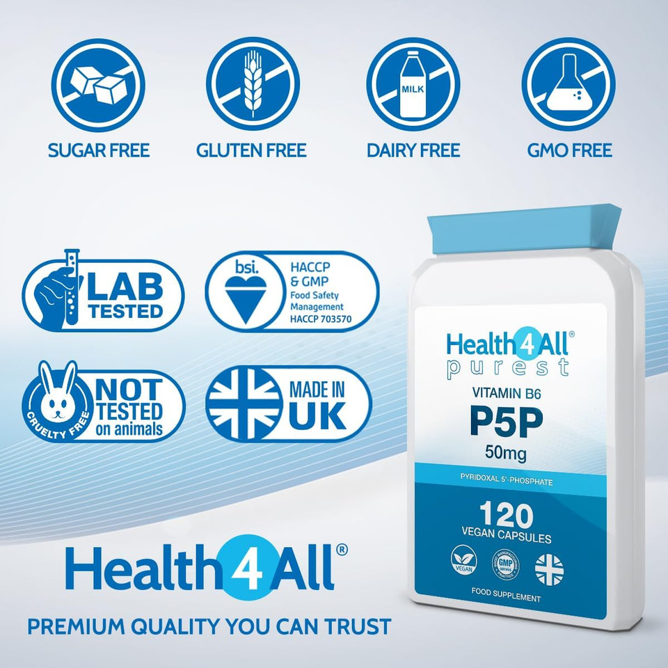 Health4All P5P Pyridoxal 5'-Phosphate 50mg 120 Capsules (V) Biologically Active Vitamin B6 P-5-P with Magnesium Citrate for PMS and Reduction of Tiredness & Fatigue