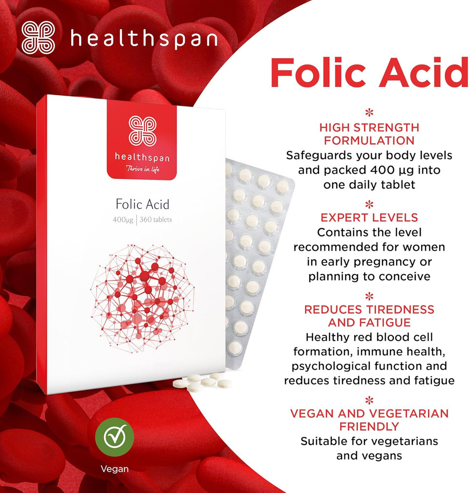 Healthspan Folic Acid 400µg | 360 Tablets | Women's Health | Vitamin B9 | High Strength Formulation | Early Pregnancy | Planning to Conceive | Vegan