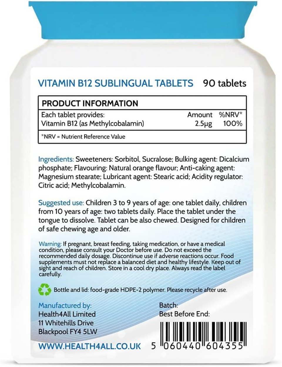 Kids Vitamin B12 2.5mcg Sublingual 180 Tablets (V) Vegan Methylcobalamin Chewable Tablets for Children. Orange Flavoured. Made in The UK by Health4All