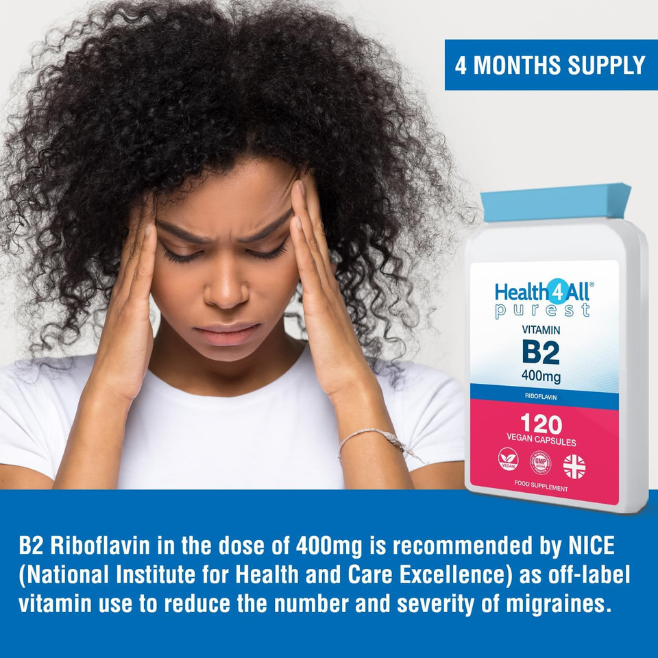 Health4All Vitamin B2 Riboflavin 400mg Migraine Support 120 Capsules (4 Months Supply) Vegan, no additives, High Strength Riboflavin Supplement
