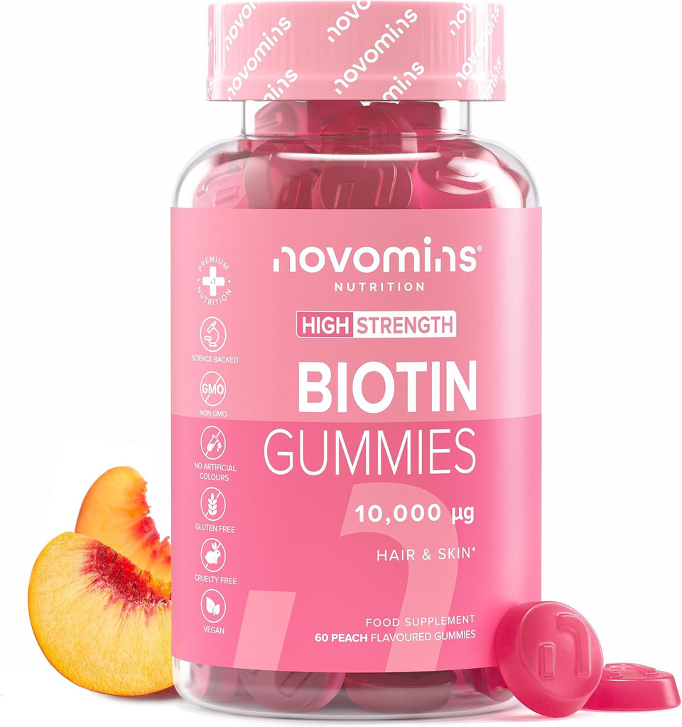 Biotin Gummies - 10,000 mcg - 60-Day Supply - Hair Vitamins - Vegan - Chewable Hair Vitamins  Anti Hair Loss and Thinning Supplement  Hair Gummies for Hair Growth - Made by Novomins