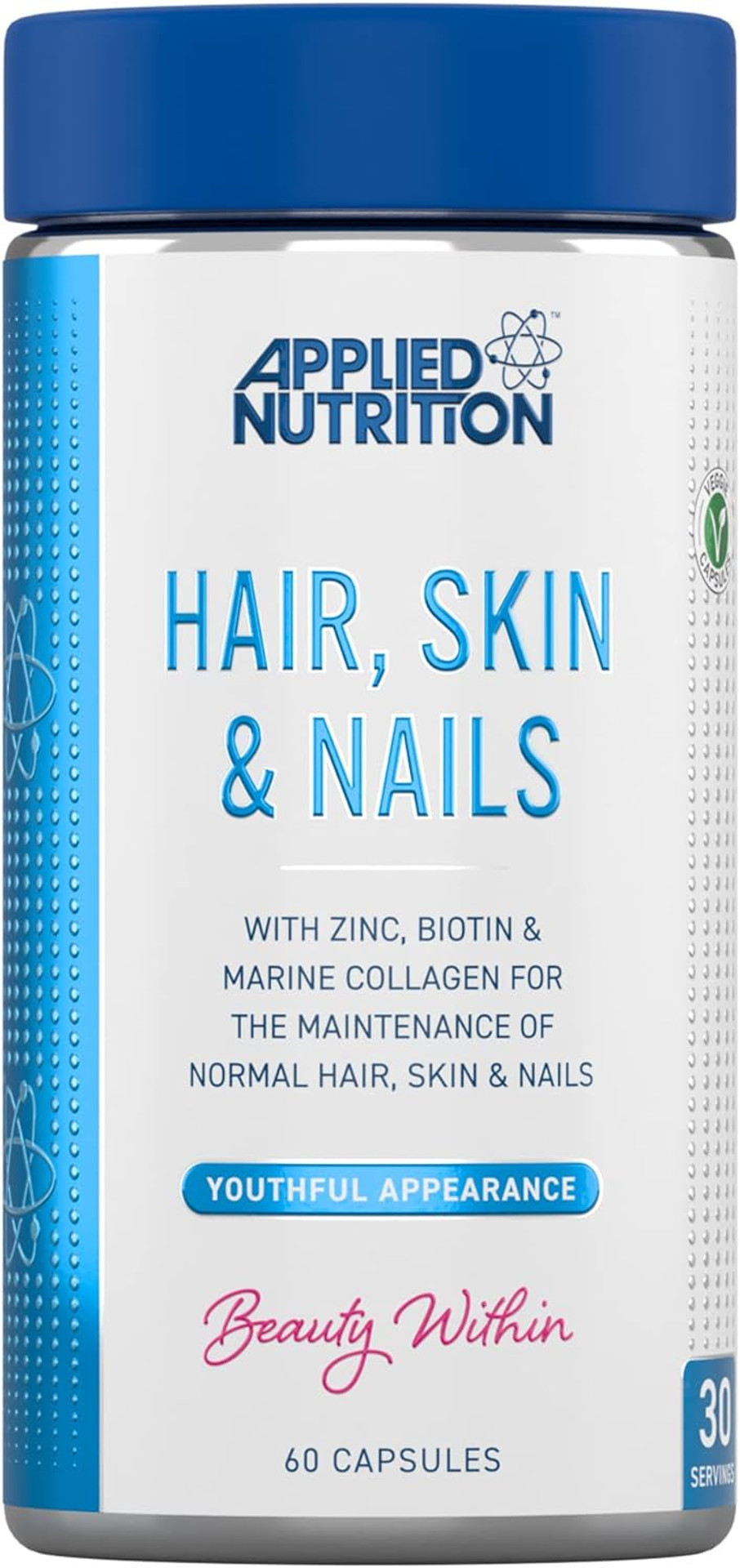 Applied Nutrition Hair, Skin & Nails  Hair Growth Vitamins with Biotin & Marine Collagen  Biotin Hair Growth & Nail Strengthener  Glowing Skin Support  60 Capsules (30 Servings)