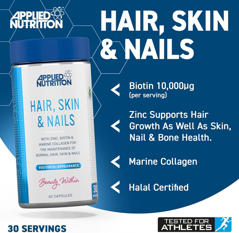 Applied Nutrition Hair, Skin & Nails  Hair Growth Vitamins with Biotin & Marine Collagen  Biotin Hair Growth & Nail Strengthener  Glowing Skin Support  60 Capsules (30 Servings)