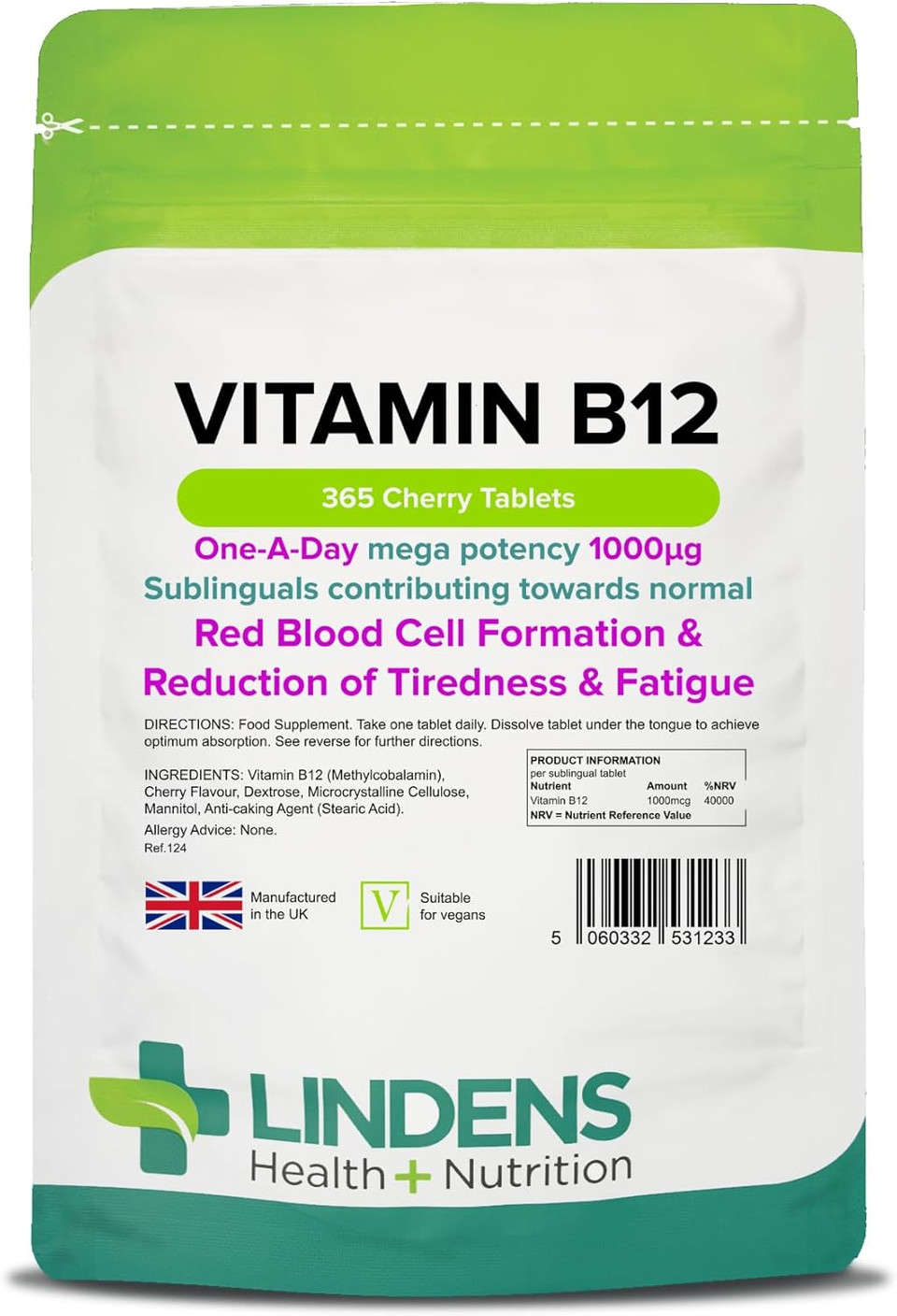Lindens Vitamin B12 1000mcg Sublingual Tablets | 365 Pack | Contributing Towards Red Blood Cell Formation, Reduction of Tiredness & Fatigue