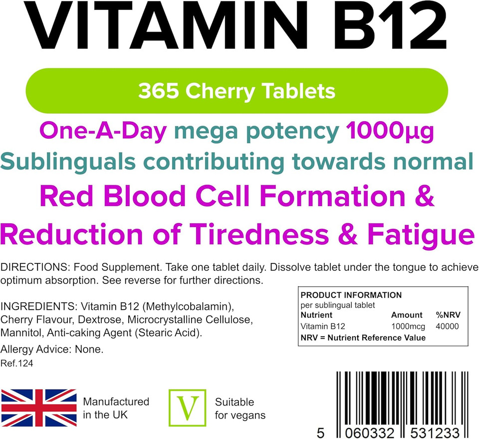 Lindens Vitamin B12 1000mcg Sublingual Tablets | 365 Pack | Contributing Towards Red Blood Cell Formation, Reduction of Tiredness & Fatigue