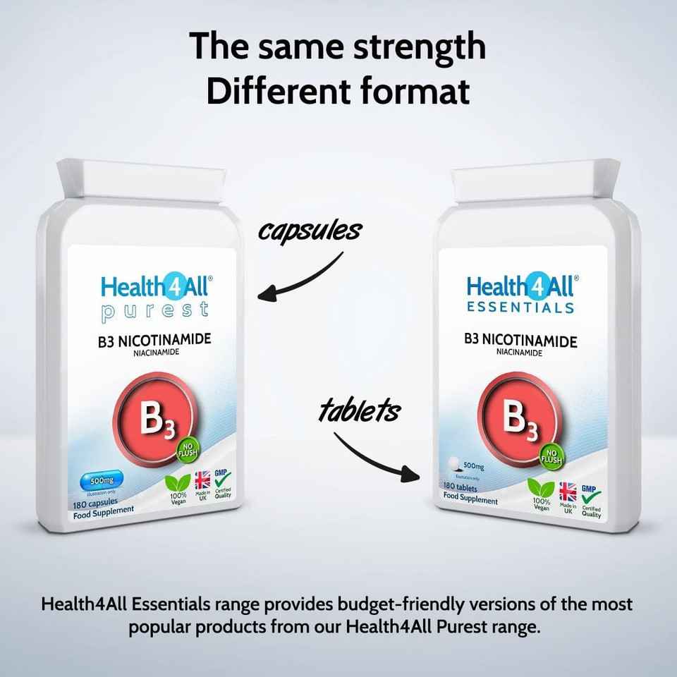 Health4All Vitamin B3 Niacin as Nicotinamide (Niacinamide) 500mg 240 Capsules (V) Purest, No Additives, Vegan, Gluten Free No-Flush Niacin Capsules