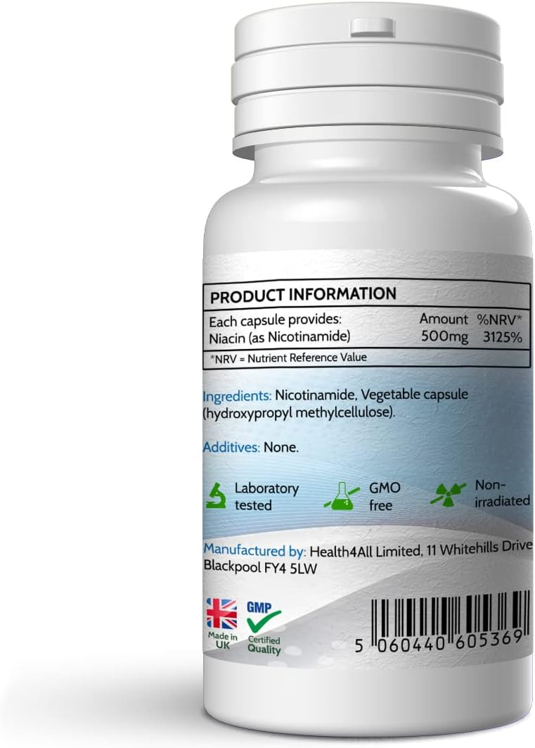 Health4All Vitamin B3 Niacin as Nicotinamide (Niacinamide) 500mg 240 Capsules (V) Purest, No Additives, Vegan, Gluten Free No-Flush Niacin Capsules