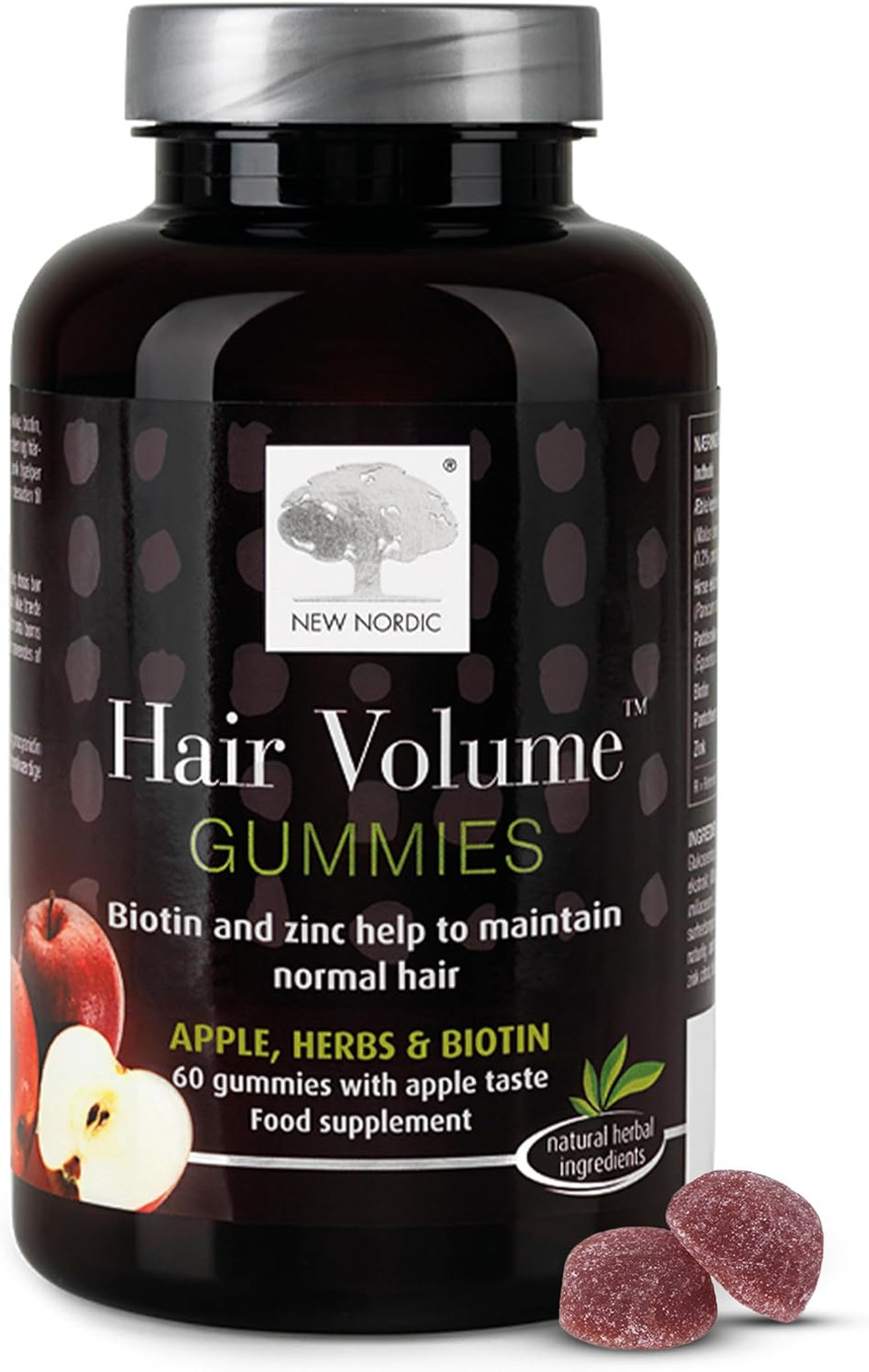 New Nordic Hair Volume Gummies - 475mcg Biotin - Vegan Hair Growth Supplement to Support Hair Skin & Nails for Men & Women - Apple Flavour - 60 Count