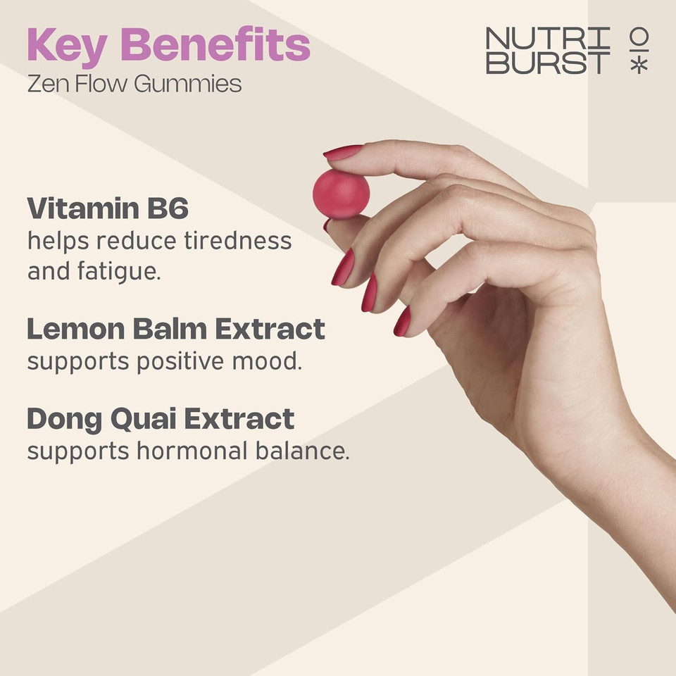 Nutriburst - ZenFlow Multipack - Female Focused Formula - Vitamin B6, Lemon Balm + Dong Quai - Regulate Hormonses, Support Nervous System + Reduce Tiredness - 3 Month Supply - Suitable for Vegans
