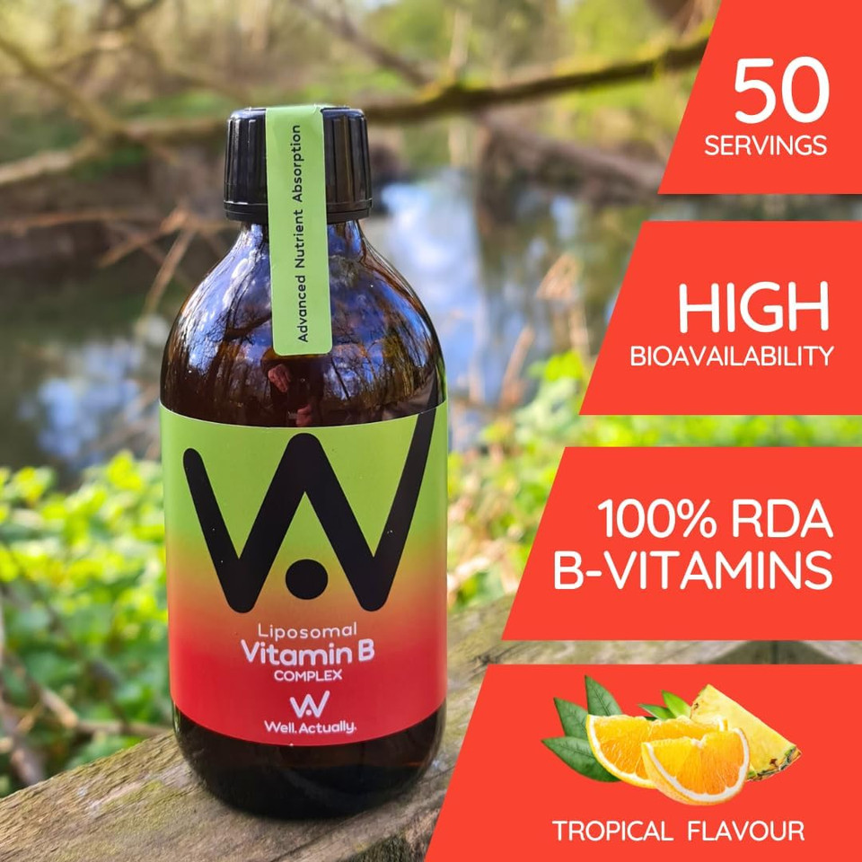 WELL ACTUALLY Liposomal Vitamin B Complex High Strength and Bioavailability - 8 Essential B Vitamins Complex for Energy, Brain, Metabolism Support - Tropical Flavour (50 Servings)
