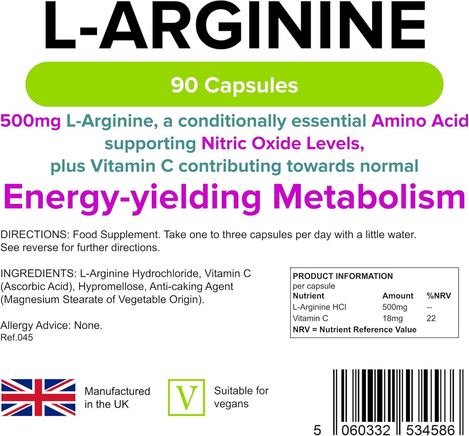 Lindens - L-Arginine 500mg, 90 Capsules - UK Made - Amino Acid with Vitamin C - Supports Nitric Oxide Levels, Contributes to Vascular Performance & Metabolism - Letterbox Friendly