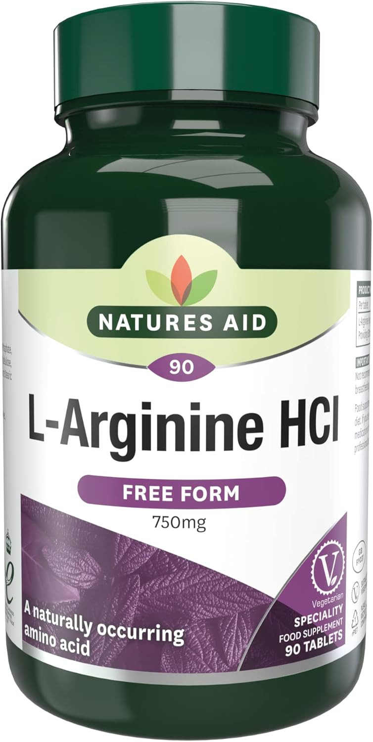 Natures Aid L-Arginine HCI 750mg  High Strength Amino Acid Tablets  Supports Blood Flow, Muscle Recovery, Energy & Performance  Vegan, Gluten Free, Non-GMO  90 Tablets