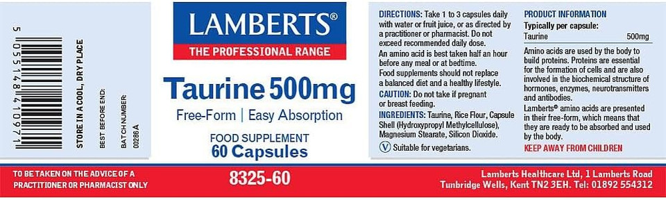 Lamberts Taurine 500mg 60 Capsules - High Strength Amino Acid Supplement