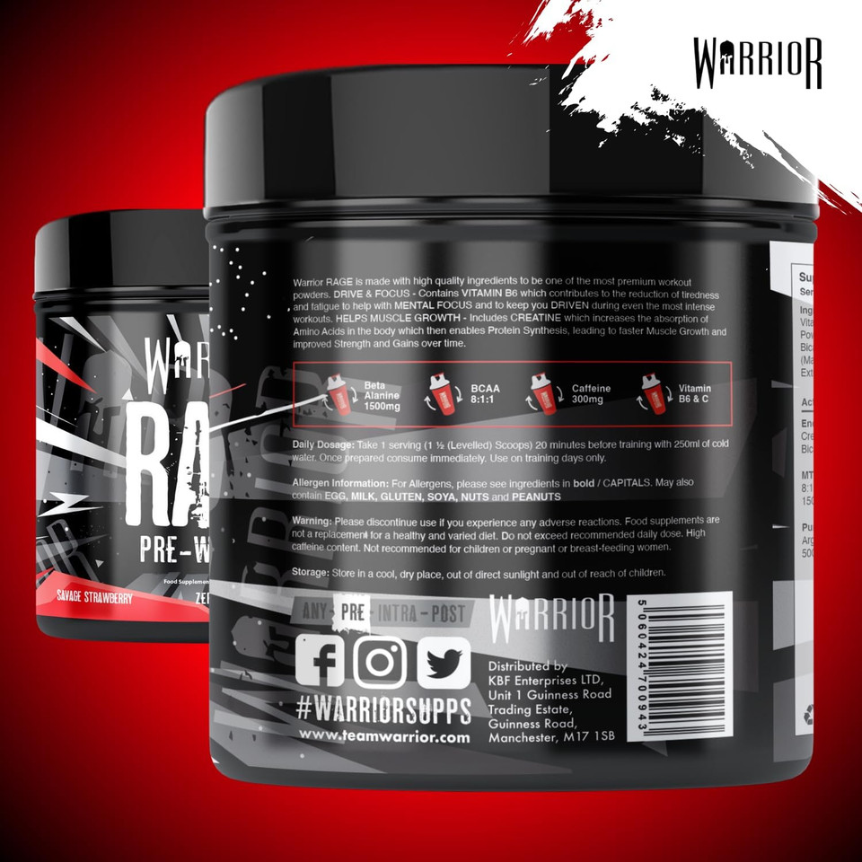 Warrior Rage - Pre-Workout Powder - 392g - Energy Drink Supplement with Vitamin C, Beta Alanine and Creatine Gluconate - 45 Servings (Energy Burst)