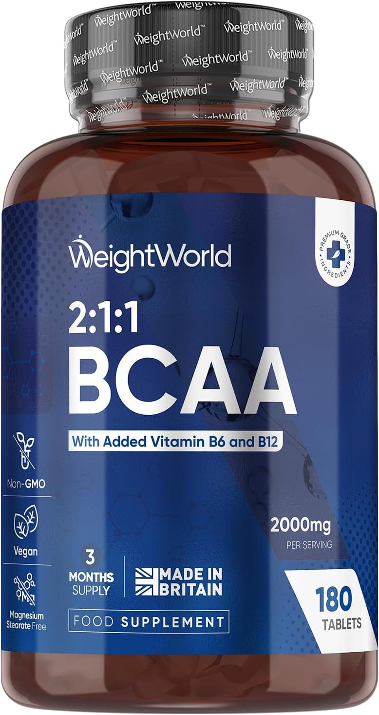 BCAA Tablets 2000mg - 180 Tablets - with Essential Amino Acids - Vitamin B6 & B12-3 Months Supply - 2:1:1 Ratio BCAAs - for Men & Women - Vegan & Non-GMO