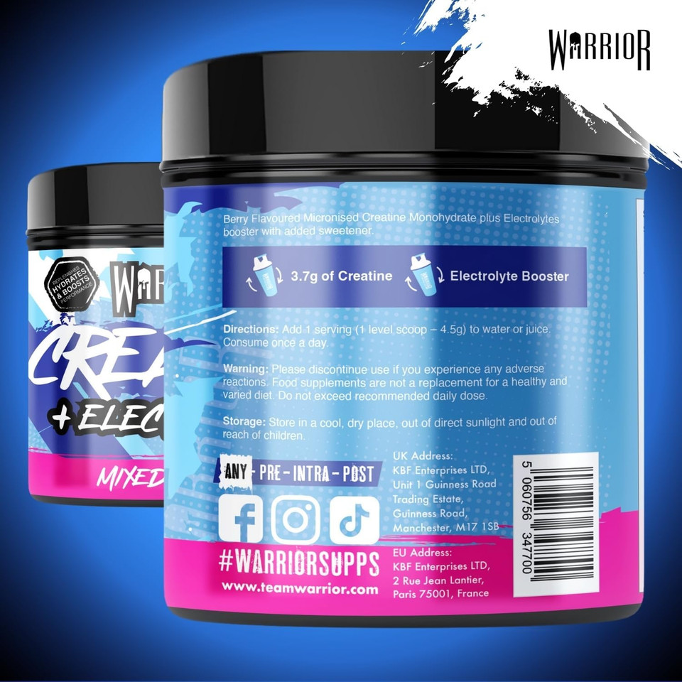 Warrior Creatine Monohydrate Plus Electrolytes Powder 360g - Hydration and Performance Drink - Nutrition Shake to Promote Muscle Growth (Not Tablets, Sachet, Gummies) - 80 Servings (Mixed Berry) Warrior Creatine Monohydrate Plus Electrolytes Powder 360g - Hydration and Performance Drink - Nutrition Shake to Promote Muscle Growth (Not Tablets, Sachet, Gummies) - 80 Servings (Mixed Berry)