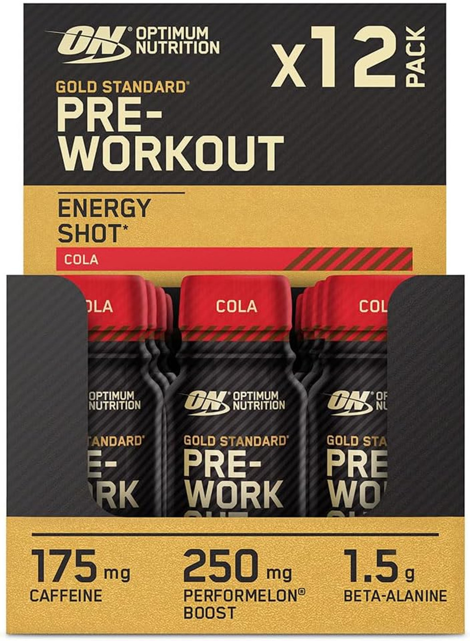 Optimum Nutrition Gold Standard Pre-Workout Energy Shot, Ready to Drink Food Supplement with Beta Alanine, Caffeine, PerforMelon Boost and Vitamin B6 and B12, Cola Flavour, 12-Pack, 12 x 60 ml Optimum Nutrition Gold Standard Pre-Workout Energy Shot, Ready to Drink Food Supplement with Beta Alanine, Caffeine, PerforMelon Boost and Vitamin B6 and B12, Cola Flavour, 12-Pack, 12 x 60 ml