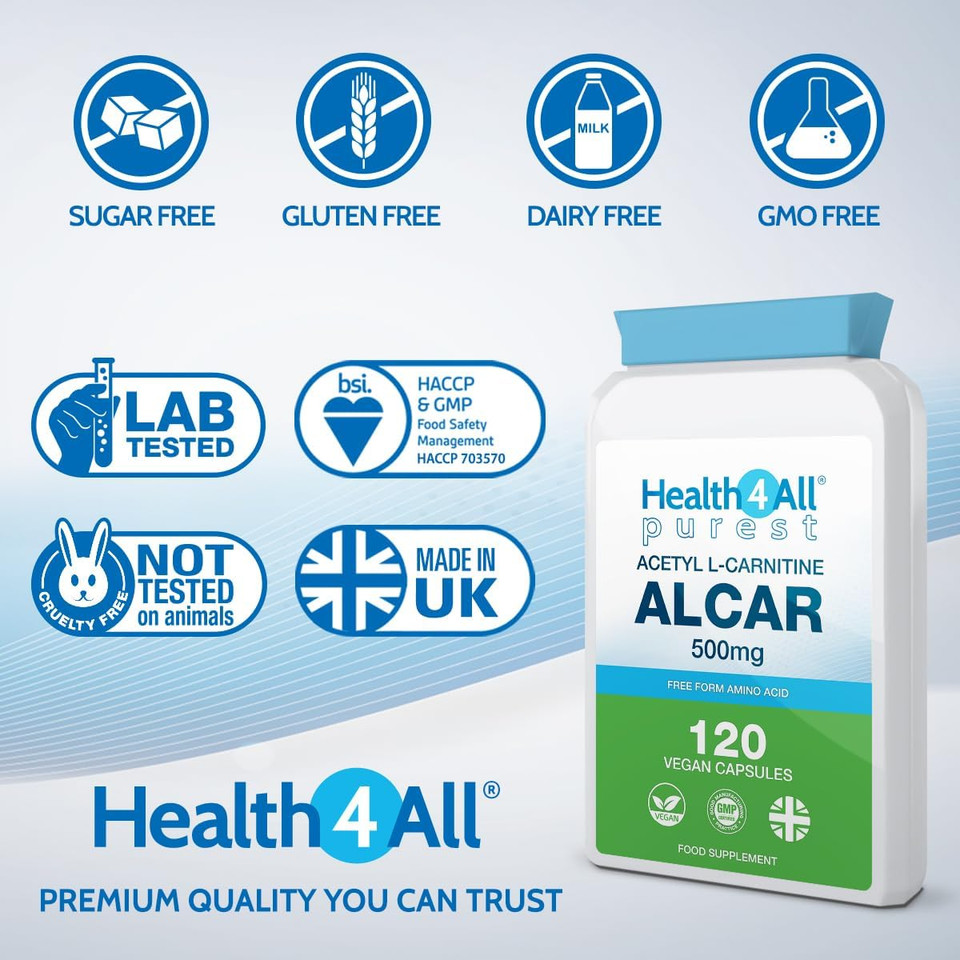 Health4All Acetyl L-Carnitine 500mg 120 Capsules, Purest High Strength ALCAR Amino Acid with no D-Carnitine, Vegan, Gluten-Free, GMO-Free Acetyl-L-Carnitine Supplement | Made in UK