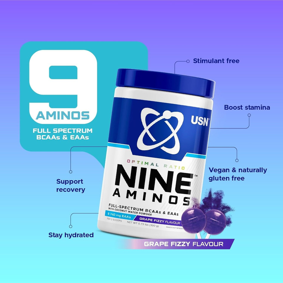USN Nine Aminos  BCAA Amino Acids & EAA Essential Amino Acids Powder with Added Magnesium & Coconut Water Powder to Support Recovery and Hydration. Grape Fizzy Pop Flavour (330g  30 Servings)