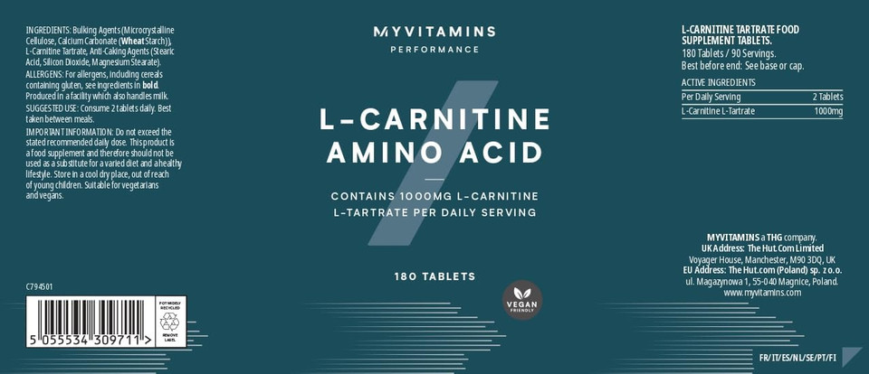 Myprotein L-Carnitine Tablets | 1000mg High-Strength Carnitine Supplement | Amino Acid Support for Muscle Growth, Recovery & Performance | Suitable for Vegans & Vegetarians | 180 Count