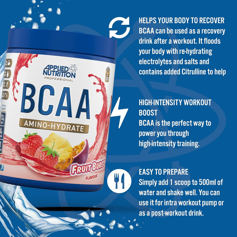 Applied Nutrition BCAA Powder - Branched Chain Amino Acids BCAAs Supplement, Amino Hydrate Intra Workout & Recovery Energy Drink (450g - 32 Servings) (Fruit Burst) Applied Nutrition BCAA Powder - Branched Chain Amino Acids BCAAs Supplement, Amino Hydrate Intra Workout & Recovery Energy Drink (450g - 32 Servings) (Fruit Burst)