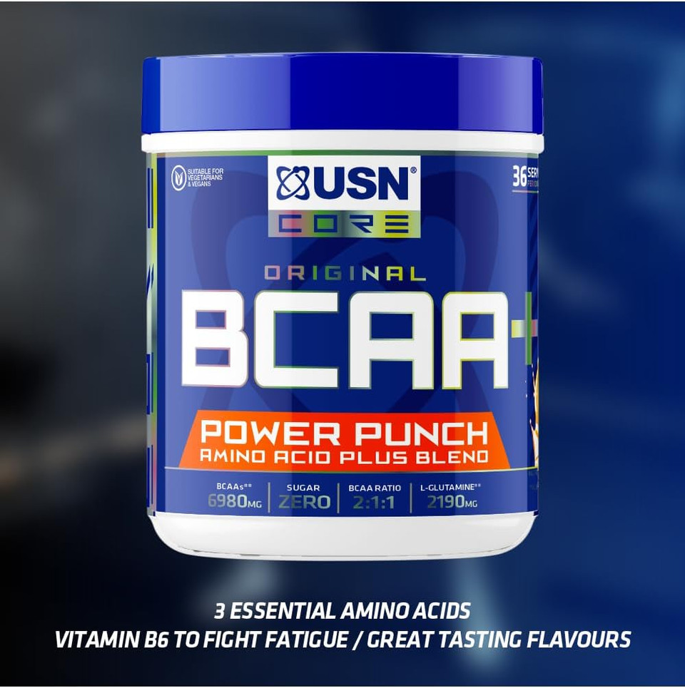 USN Power Punch BCAA Amino Acids Powder, Watermelon Flavour - 200g, Vegan BCAA Powder, Vitamin B6 & No Sugar, Pre Workout or Intra Workout Energy Drink Mix & Dietary Supplement to Maximise Performance USN Power Punch BCAA Amino Acids Powder, Watermelon Flavour - 200g, Vegan BCAA Powder, Vitamin B6 & No Sugar, Pre Workout or Intra Workout Energy Drink Mix & Dietary Supplement to Maximise Performance