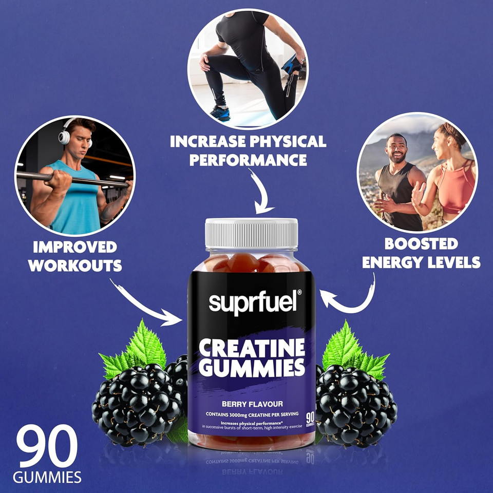 Suprfuel Creatine Gummies - 90 Vegan Berry Flavour Creatine Monohydrate Gummies - 3000mg Creatine Monohydrate Per Serving - Supports Physical Performance & Muscle Growth - Convenient & Delicious Suprfuel Creatine Gummies - 90 Vegan Berry Flavour Creatine Monohydrate Gummies - 3000mg Creatine Monohydrate Per Serving - Supports Physical Performance & Muscle Growth - Convenient & Delicious