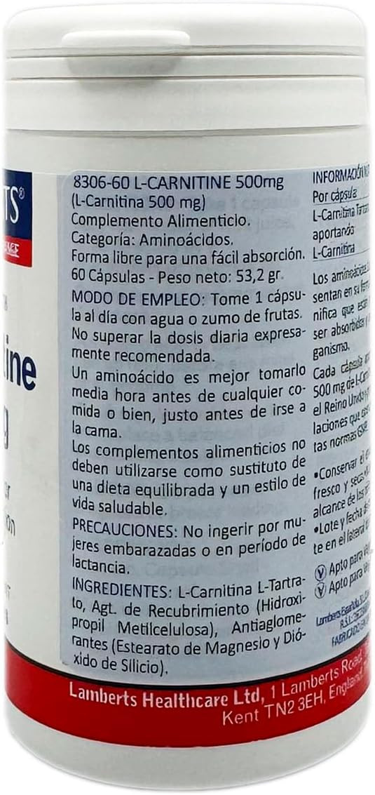 Lamberts L-Carnitine 500mg 60 Capsules  Pure Free-Form Carnitine  As L-Carnitine L-Tartrate  Vegan