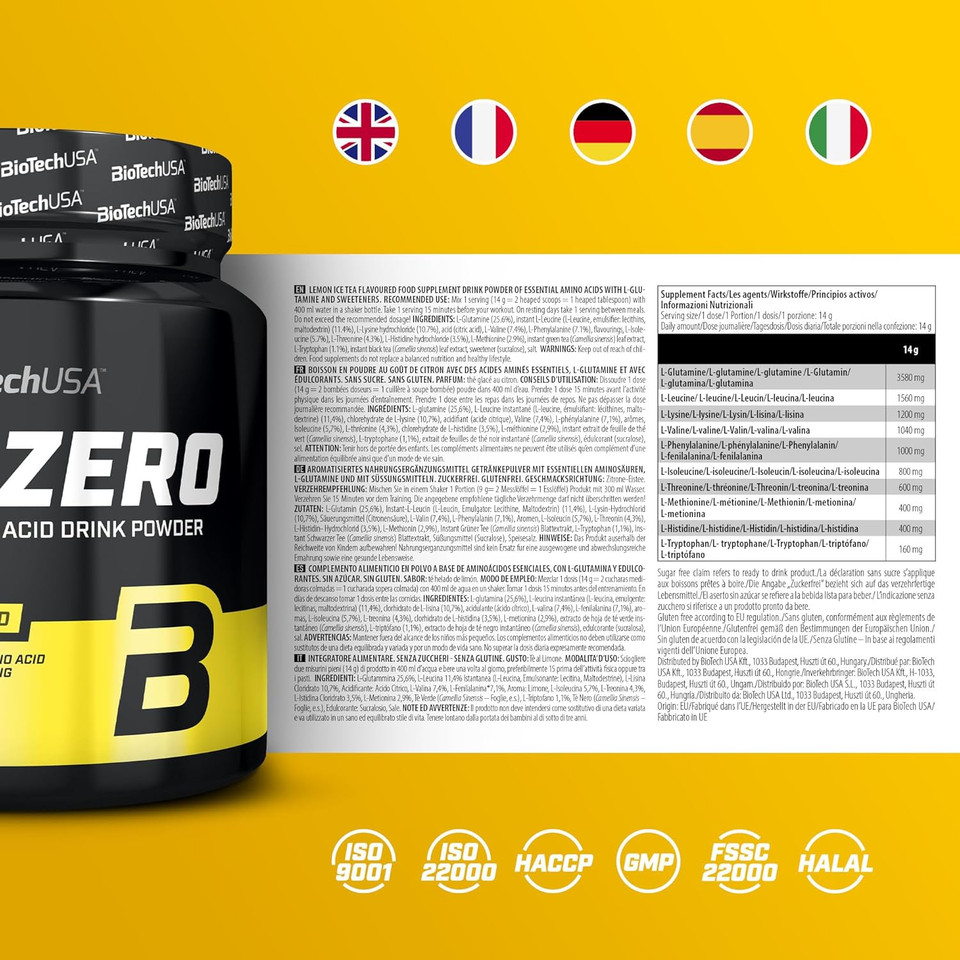 BioTechUSA EAA Zero - Essential Amino Acid Power | 7160mg EAA/Serving | WHO Recommended Ratio | Sugar-Free, Gluten-Free, 350 g, Lemon Ice Tea
