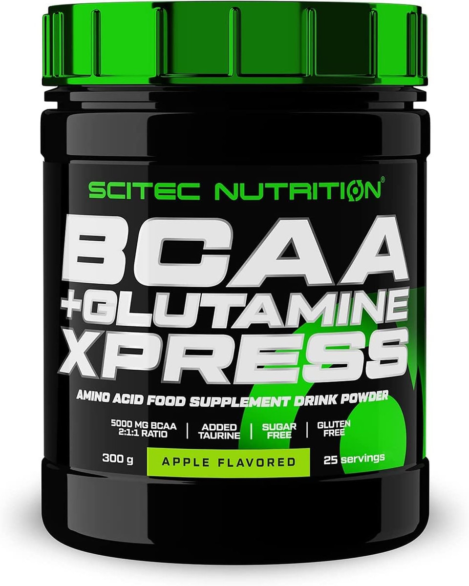 Scitec Nutrition BCAA + Glutamine Xpress  Essential Amino Acid Blend  with 5g 2:1:1 BCAAs  5g Glutamine  Fortified with Taurine, 300 g, Apple