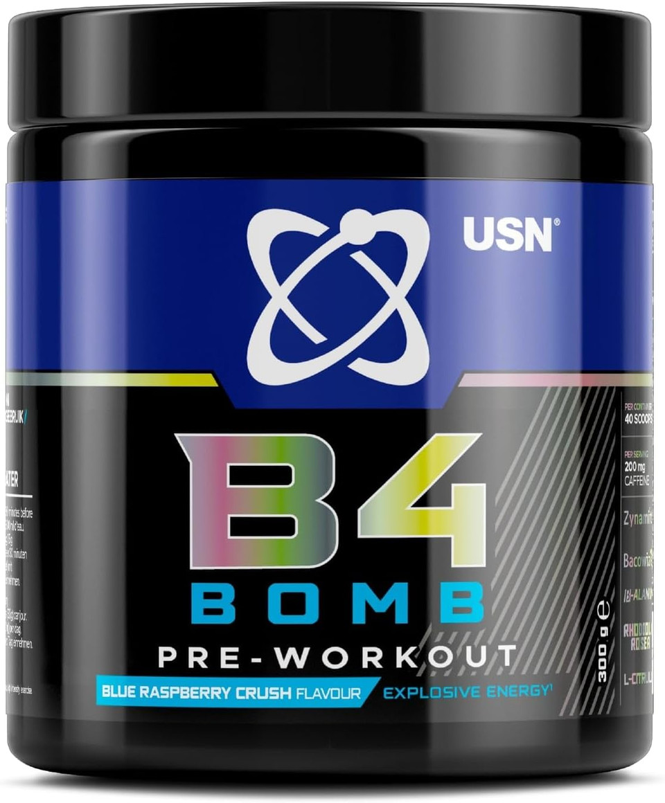 USN B4 Bomb Pre Workout Powder - 300g (20 Servings) Energy Drink Powder for Explosive Energy & Performance, 200mg Caffeine, 6000mg Citrulline, Creatine & 2000mg Beta Alanine - Blue Raspberry Flavour