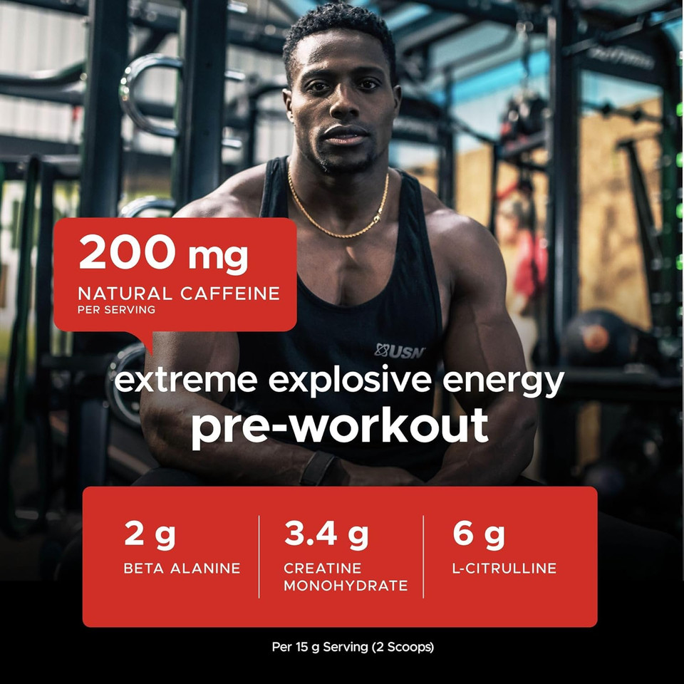 USN B4 Bomb Pre Workout Powder - 300g (20 Servings) Energy Drink Powder for Explosive Energy & Performance, 200mg Caffeine, 6000mg Citrulline, Creatine & 2000mg Beta Alanine - Blue Raspberry Flavour