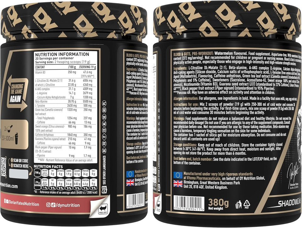 DY Nutrition - Blood and Guts Pre Workout Powder, 380g (Strawberry) - High Strength Preworkout with 350mg Caffeine, Citrulline Malate, Beta Alanine, Arginine AKG, L-Tyrosine, Vitamin B3, Men & Women DY Nutrition - Blood and Guts Pre Workout Powder, 380g (Strawberry) - High Strength Preworkout with 350mg Caffeine, Citrulline Malate, Beta Alanine, Arginine AKG, L-Tyrosine, Vitamin B3, Men & Women