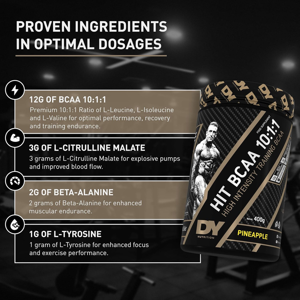 DY Nutrition HIT BCAA 10:1:1 (Orange) with L-Citrulline Malate, Beta Alanine + 12g of Branch Chain Amino Acids 400g Powder, 20 Servings - Optimal Pump & Performance | Non Stim Pre & Intra Workout DY Nutrition HIT BCAA 10:1:1 (Orange) with L-Citrulline Malate, Beta Alanine + 12g of Branch Chain Amino Acids 400g Powder, 20 Servings - Optimal Pump & Performance | Non Stim Pre & Intra Workout