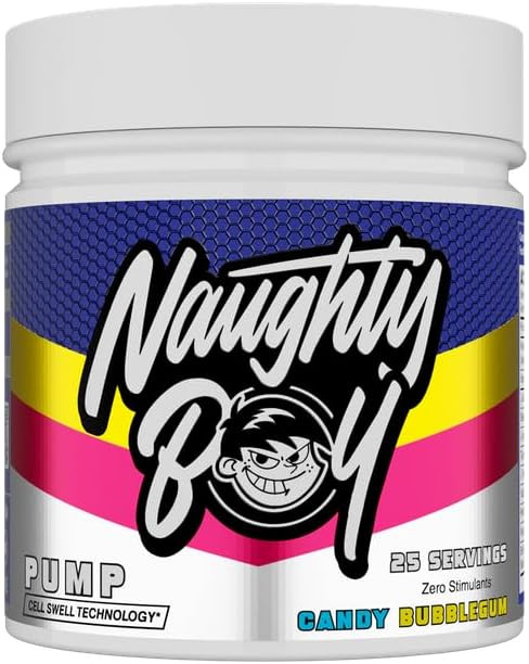 Naughty Boy Cell Swell Technology, Non Stimulant Pre Workout - Pump, Performance & Focus. L-Citrulline 6g, Beta Alanine 3.2g and Added Arginine, 400g - 25 Servings (Candy Bubblegum)