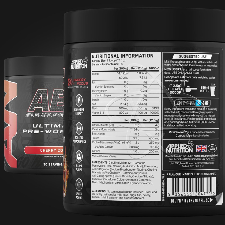 Applied Nutrition ABE Pre Workout - All Black Everything Pre Workout Powder, Energy & Physical Performance with Citrulline, Creatine, Beta Alanine (375g - 30 Servings) (Baddy Berry)