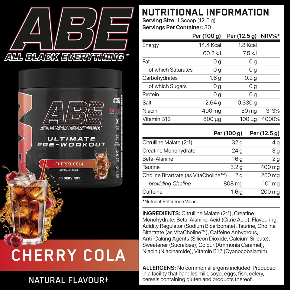 Applied Nutrition ABE Pre Workout - All Black Everything Pre Workout Powder, Energy & Physical Performance with Citrulline, Creatine, Beta Alanine (375g - 30 Servings) (Bubblegum Crush)
