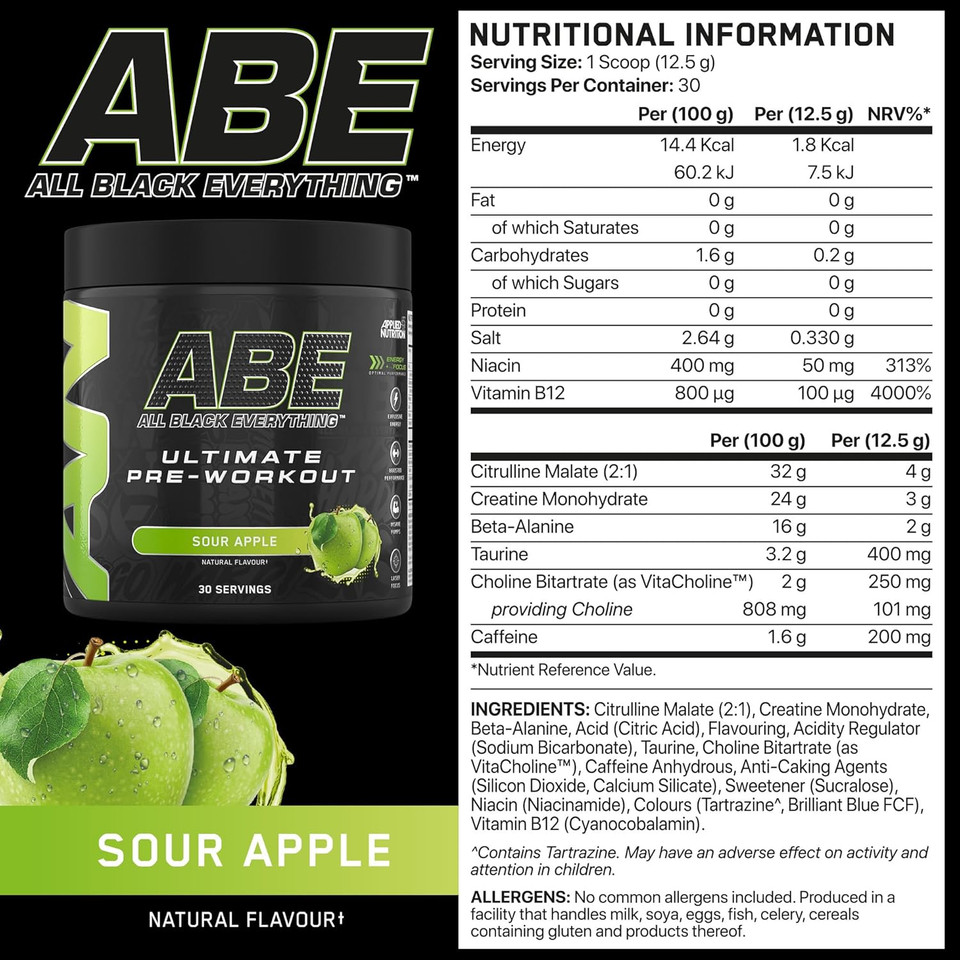 Applied Nutrition ABE Pre Workout - All Black Everything Pre Workout Powder, Energy & Physical Performance with Citrulline, Creatine, Beta Alanine (375g - 30 Servings) (Sour Apple)