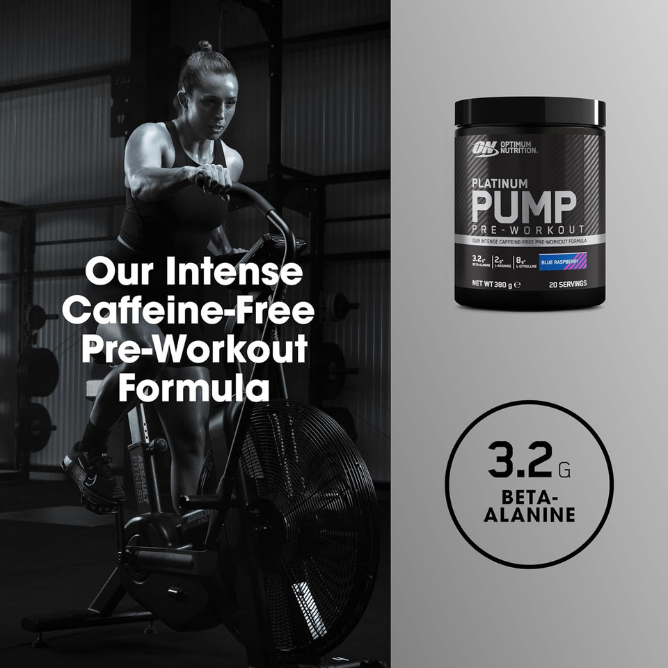 Optimum Nutrition ON Platinum Pump Pre-Workout, Intense Caffeine-Free Pre-Workout Food Supplement with Fruitflow, Beta-Alanine, L-Arginine, L-Citrulline, Blue Raspberry Flavour, 20 Servings, 380 g